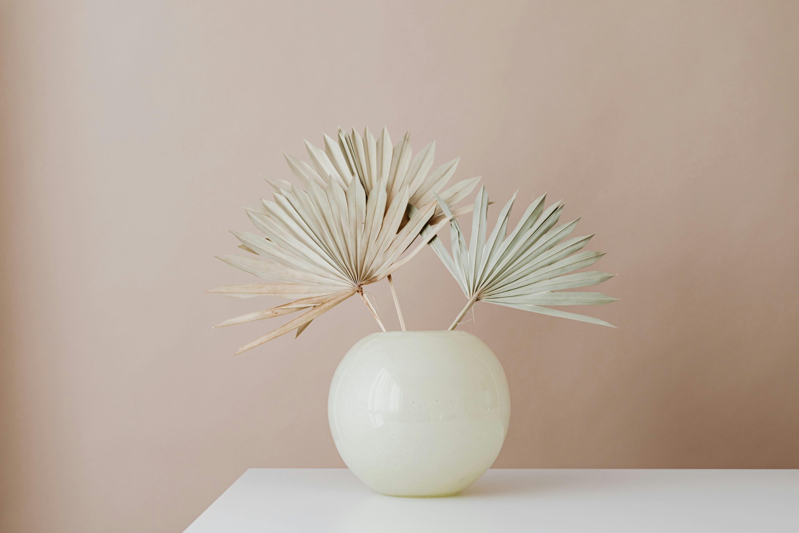 Elegant minimalist decor featuring dried palm leaves in a round white vase against a neutral background.